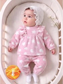 Genkimix Kids 3Pcs Baby Girls Sweatshirt Pants Set Cute Sweet Pink Bow Ruffle Star Print Fuzzy Long Sleeve Round Neck Thick Holiday Winter Fall Plushy - Baby Pink - View 9