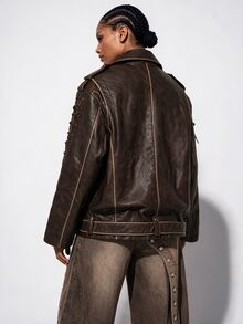 Aveloria GENKIRA Women's Solid Color PU Leather Fashion Versatile Daily Commute Long Sleeve Jacket - Brown - View 4
