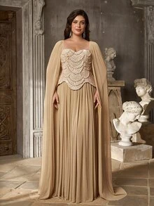 Aureia Plus Size Elegant Glamorous Champagne Beaded Patchwork Mesh Computer Embroidery 2 In 1 Cinched Waist A-Line Heavy Embellished Evening Gown For Important Occasions - Champagne - View 3