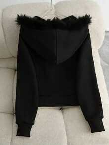Franclia New Autumn/Winter Black Hooded Long Sweatshirt For Women - Black - View 2