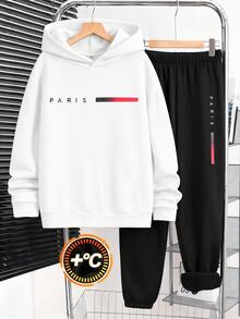 SHEIN 2件組青少年男孩黑色保暖內裡連帽衛衣圖案印花慢跑褲套裝，返校秋季款 - 黑與白 - 查看 7