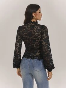 SHEIN Tall Spring/Summer Women's Pure Black Sheer Lantern Sleeve Fitted Elegant Lace Top - Black - View 2