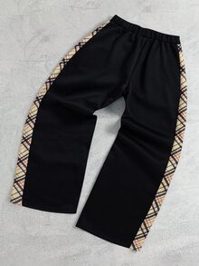 SHEIN 青少年男孩休閒拼色格紋拼接黑色運動長褲，適合秋冬返校季 - 黑色 - 查看 2
