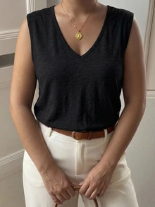 Dazy Plus 寬鬆博主休閒風白色上衣內搭層，優雅通勤款，春夏秋適穿，慵懶感背心上衣 - 黑色 - 查看 1