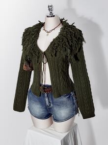 SHEIN ICON Plus Size Y2K Knit Top With Turn-Down Collar, Fur Trim And Tassel - Army Green - View 4