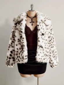 SHEIN ICON Plus Size Women's Leopard Print Casual Versatile Faux Fur Coat - Black and White - View 9