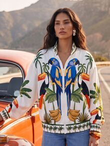CAJUNI Women's Bird Print Casual Everyday Long Sleeve Jacket - Multicolor - View 1