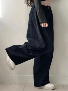 DAZY 女款純色鈕扣口袋寬鬆休閒牛仔長褲 - 深色水洗藍 - 查看 4