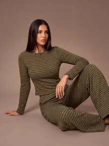 Lazeform Women's Casual Green Striped Crew Neck Long Sleeve Pajama Set, Knitted Elastic Textured Pleated Top + Wide Leg Pants, 2 Pieces Loungewear - Army Green - View 4