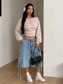 Coolane 女款條紋收腰圓領休閒極簡運動風街頭穿搭百搭派對機場造型Y2K上衣，學院風，女款外出穿著，女款春秋穿著 - 白色 - 查看 2