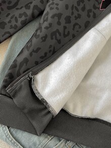 SHEIN 青少年女孩秋冬日常街頭風豹紋字母標語紐約市圖案連帽拉鍊寬鬆夾克深灰色Y2K - 深灰色 - 查看 5