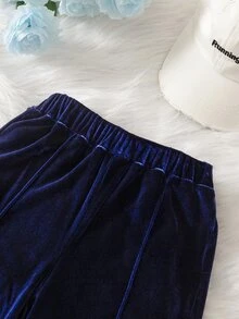 SHEIN 女童天鵝絨珠飾夾克兩件套，天鵝絨拉鍊長袖夾克，前拉鍊設計方便穿脫，袖口珍珠裝飾，搭配同款天鵝絨長褲，適合姐妹聚會、聖誕節、萬聖節等場合，春秋冬季適用，輕奢韓系風格，質感高級 - 藏蓝色 - 查看 5