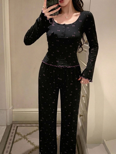 DAZY 2pcs Bow Print Fitted Long Sleeve T-Shirt & Long Pajama Pants Women's Sleepwear Set