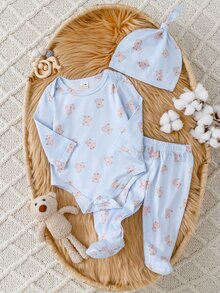 3 Pieces Newborn Long Sleeve Jumpsuit With Footed Pants - Baby Blue - View 2