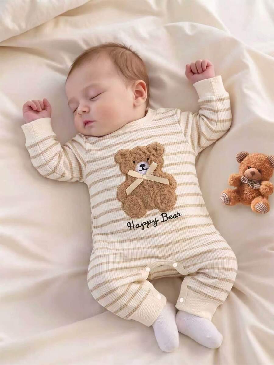 SHEIN 1pc Newborn Baby Girl Boy Romper Cute Sweet Beige Cream Bear Applique Striped Bow Long Sleeve Round Neck Birthday Party Fall Holiday Fall Ribbed Snaps - Apricot - View 1