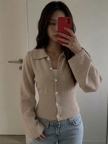 Livesso Autumn/Winter Khaki Round Neck Button Cable Knit Long Sleeve Slim Fit Ribbed Cardigan For Women - Khaki - View 3