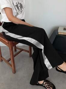 DAZY 女款拼色寬腿寬鬆休閒長褲 - 黑色 - 查看 2