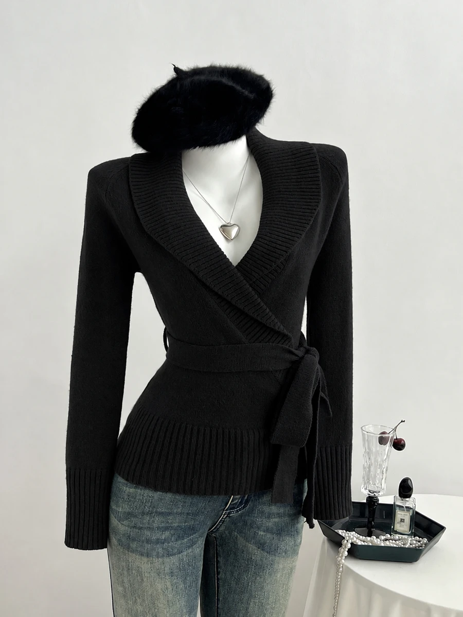 Elamini Sexy Style Deep Brown Oversized Collar Cross Waist Tie Women's Sweater - Black - View 1