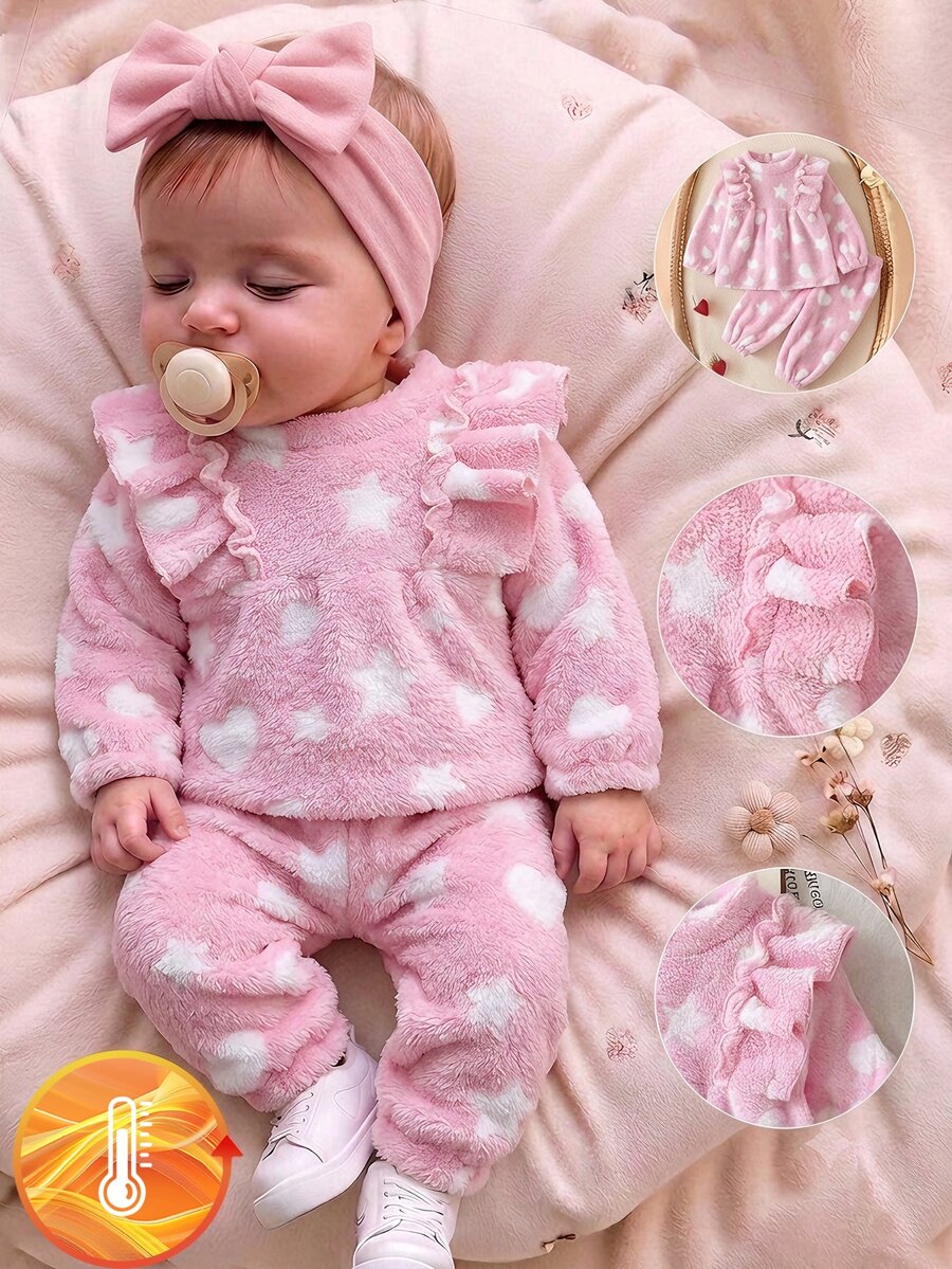 Genkimix Kids 3件組女嬰衛衣褲套裝，可愛甜美粉色蝴蝶結荷葉邊星星印花，毛茸茸長袖圓領加厚，適合冬季與秋季假日的絨毛套裝
