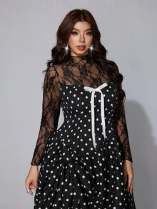 Viva Relle Plus-Size Sexy Lace Polka Dot Bow Dress Fall - Black - View 3