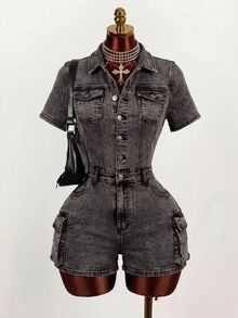 Mistrie Women's Short Sleeve Single-Breasted Cargo Pocket Casual Denim Romper - Grey - View 1