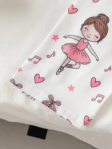女童可愛芭蕾舞印花長袖牛奶絲面料居家服套裝，圓領卡通鬆緊褲，2件套，秋冬款 - 藍色 - 查看 5
