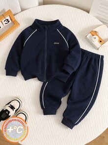 SHEIN 2件組男嬰秋冬可愛休閒灰色立領運動衫與鬆緊腰長褲套裝，外套套裝，運動服套裝，秋冬套裝，灰色套裝 - 藏蓝色 - 查看 3
