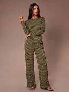 Lazeform Women's Casual Green Striped Crew Neck Long Sleeve Pajama Set, Knitted Elastic Textured Pleated Top + Wide Leg Pants, 2 Pieces Loungewear - Army Green - View 6