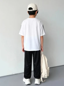 SHEIN 兒童青少年男孩春夏兩件套 白色圓領短袖T恤與黑色長褲，舒適百搭休閒日常時尚運動簡約百搭風格，適合春夏秋冬室內、戶外、日常、運動、玩耍、派對、攝影、度假、假期 - 彩色 - 查看 2