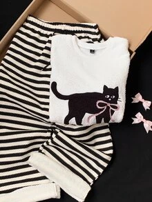 Comfortcana Women's Cartoon Cat Print Crew Neck Long Sleeve Casual T-Shirt - White - View 9