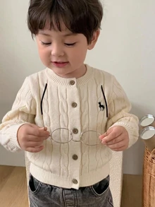 Hapijoa Infant (Boy) Round Neck Cable Knit Cartoon Embroidered Long Sleeve Solid Color Sweater - White - View 5
