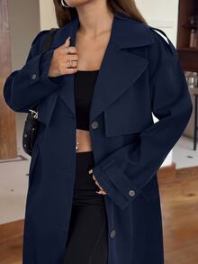SHEIN EZwear 1件女款素色梭織長版繫帶前開扣風衣外套，秋冬款 - 藏蓝色 - 查看 6