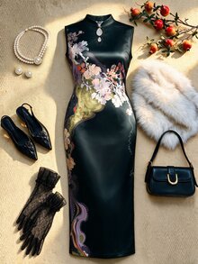 EastFlair Plus Size Women's Floral Print Cheongsam Collar Fitted Elegant Dress - Black - View 3