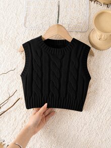 SHEIN Young Girl Ribbed Knit Sweater Vest With Cable Texture, Elegant & Cute, High Quality, Warm & Soft - Black - View 6