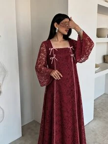 Al Najma Women Spring Fall Elegant Wine Red Lace Square Neck Flare Sleeve Pink Bow Decor Loose Dress Modest Outfit For Banquet And Visiting - Burgundy - View 5