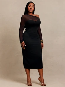 SHEIN SXY Black High Elasticity Knit Mesh Patchwork Asymmetric Neckline Long Sleeve Fitted Midi Dress - Black - View 5