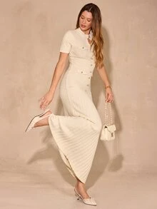 Enchnt Elegant Button Decor Round Neck Short Sleeve Fitted Sweater Dress Suitable For Daily Wear - Apricot - View 5