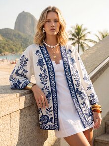 CAJUNI Women's Summer Beach Vacation Floral Print Kimono, Summer Vacation Elegant Resort - Blue and White - View 2
