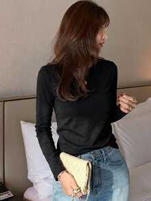 DAZY Women's Round Neck Solid Color Basic White Short Sleeve T-Shirt, Spring/Summer - Black - View 3