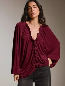 COSMINA Women's V-Neck Ruffle Trim Pleated Design Loose Fit Top, Comfortable Fabric Fashionable Design Top - Burgundy - View 3