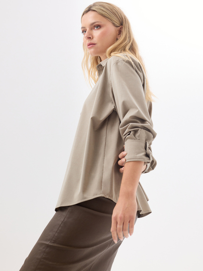 KÆRIA Hus Relaxed Long Sleeve Button Up Shirt - Wool Blend Shirting - Taupe - Button Up, Minimalist, Workwear