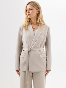 KÆRIA Hus Relaxed Fit Belted Blazer - Textured Compact Tailoring - Stone - Power Suiting, Tailored - Grey - View 1