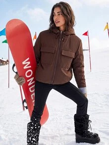 Exploreva Winter Brown Hooded Double Pocket Striped Contrast Cuff Waist-Cinching Hem Padded Coat - Coffee Brown - View 5