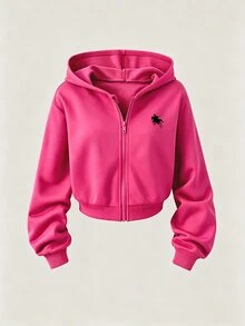 SHEIN 青少年女孩秋季套裝 2件組 連帽拉鍊夾克短版上衣與寬鬆鬆緊腰寬腿休閒長褲套裝，秋季 - 玫紅色 - 查看 3