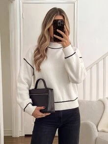 Easowa Sweater Lengan Panjang Kasual Harian Wanita dengan Motif Blok Warna - Putih - View 3