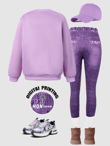 Tween Girls Light Purple Cartoon Print Crew Neck Sweatshirt & Leggings 2 Pieces Set, Thermal Lined Thick Loose Fit, Winter School Wear - Purple - View 2