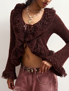 Bohemela Women's Patchwork Ruffle Front Tie Fashion Knit Cardigan - Coffee Brown - View 1