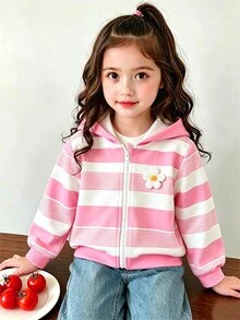 女童粉色花朵貼花連帽拉鍊運動衫長袖休閒仙女公主外套 嬰兒洗禮 1 歲生日 秋季 7 歲 - 粉色 - 查看 3