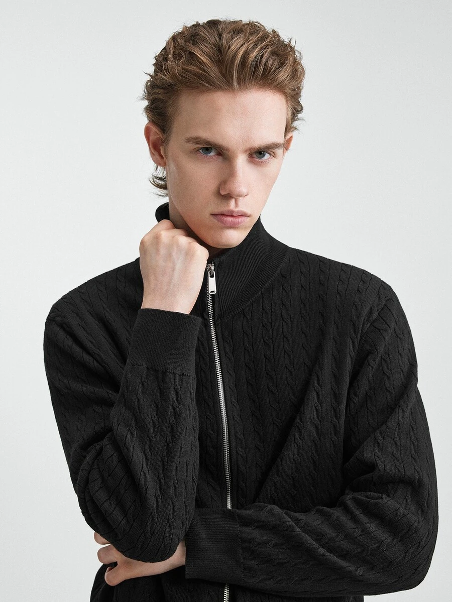 RONVEXI Men's Solid Color Long Sleeve Zip-Up Knit Cardigan - Black - View 1