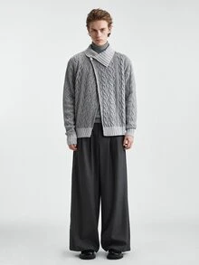 RONVEXI 男士翻領慵懶長袖針織開襟衫，休閒針織秋冬服飾，秋冬淺灰色時尚百搭粗針麻花編織不對稱前開襟開衫 - 淺灰色 - 查看 5
